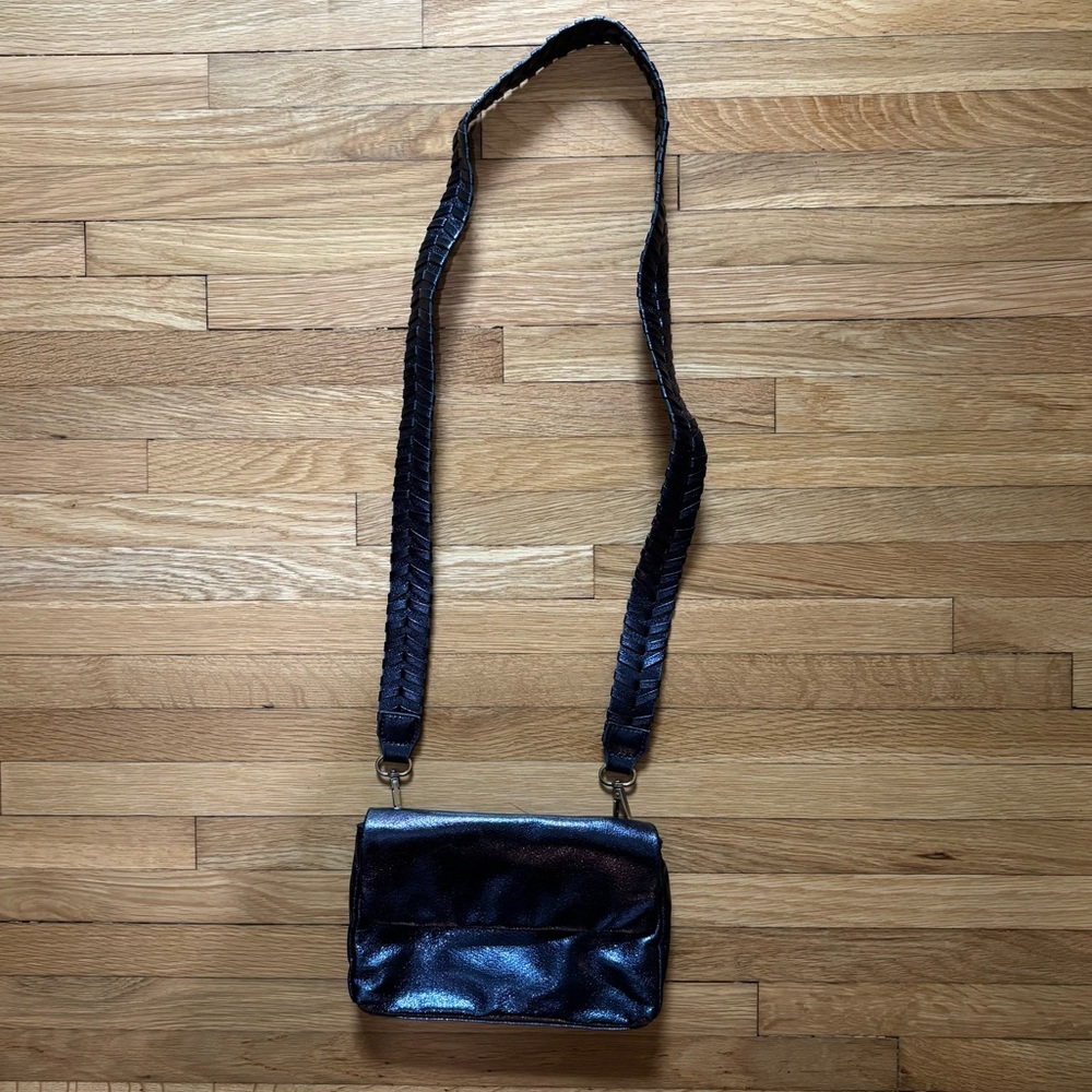 Anthropologie Shiny Navy Crossbody Purse Removable braided strap‎ Cocktail Fairy